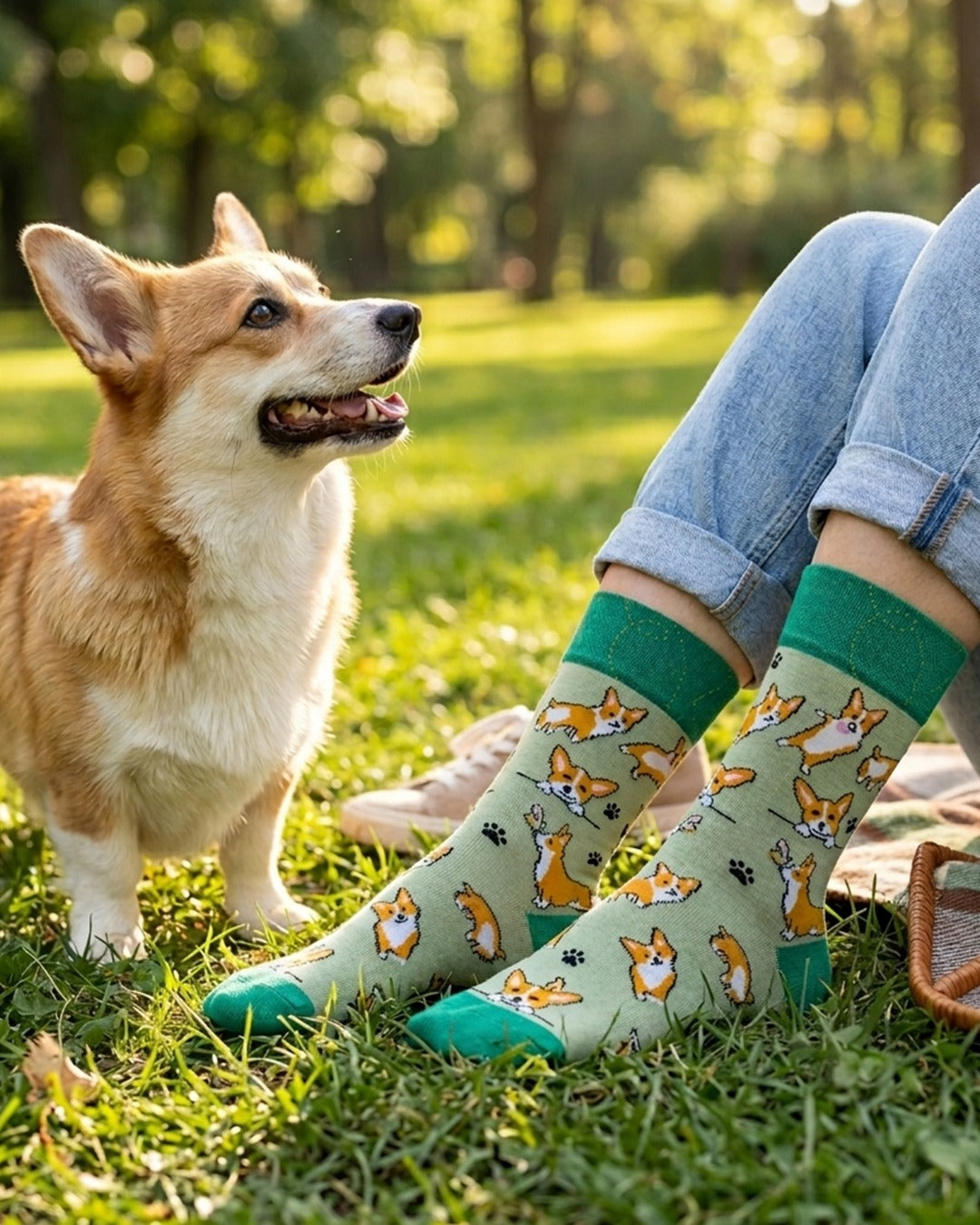 Cute Corgi Green Socks Dog Series